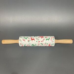 Vintage Ceramic‎ Christmas Holly Rolling Pin Green & Red Reindeer Holly Deer